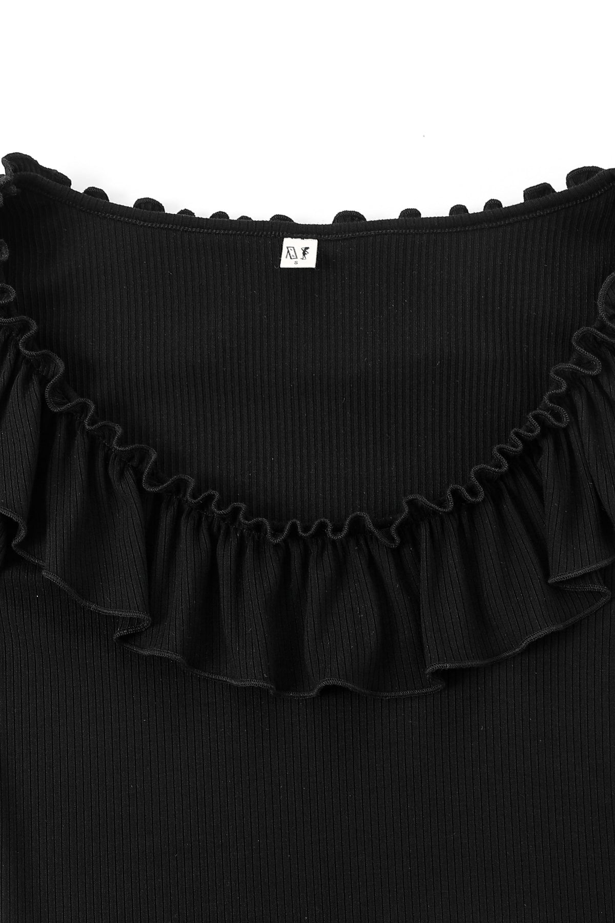 Ruffled Scoop Neck Tencel Rib Long Sleeve Top Black
