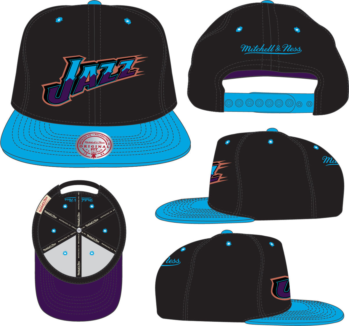 Utah Jazz Mitchell & Ness Hardwood Classics Reload 2.0 Snapback Hat - Black/Light Blue