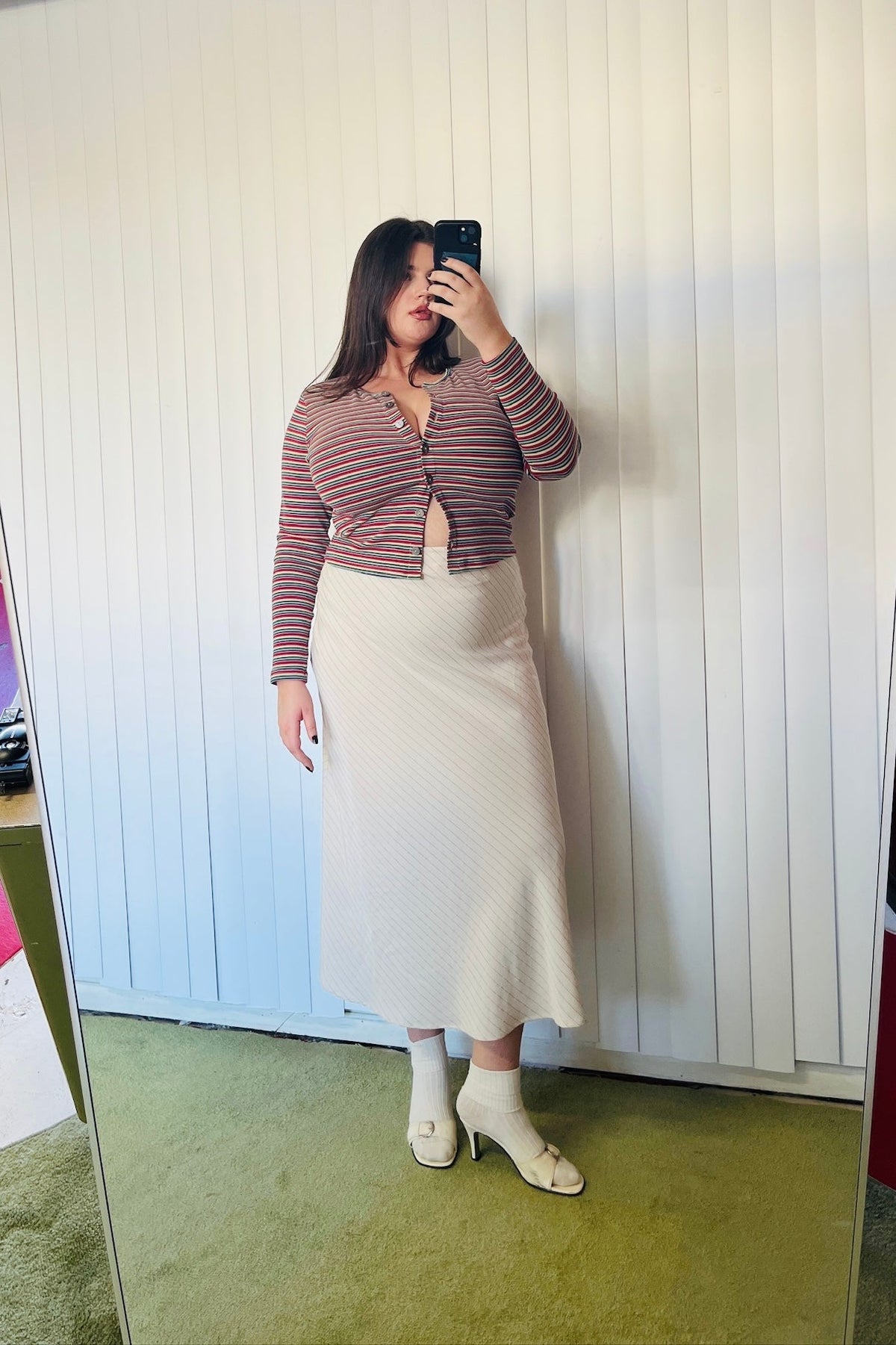 Baseball Bias Cut Skirt Tencel Stripe Cream
