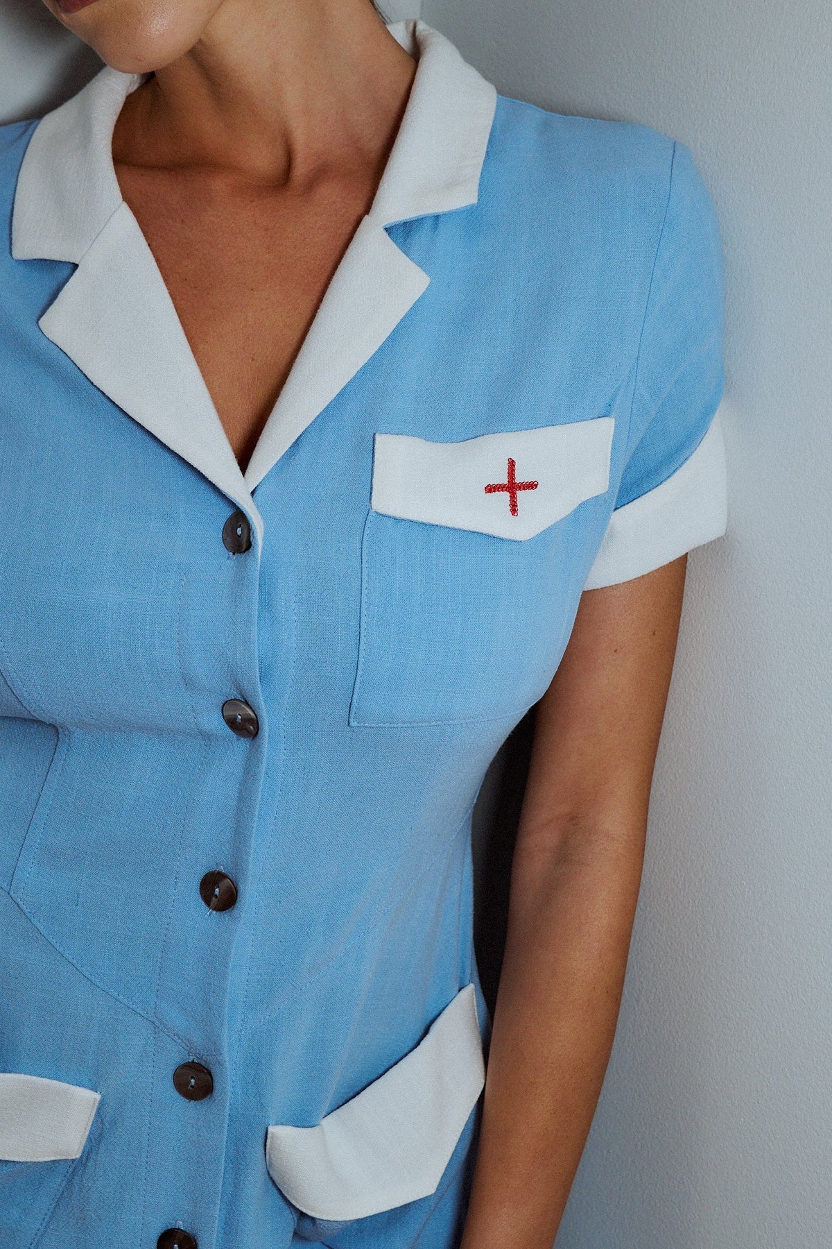 Soft Linen Mini Nurse Dress Blue