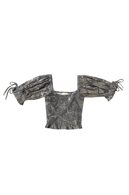Smocked Blouse Soft Linen Forest Camo