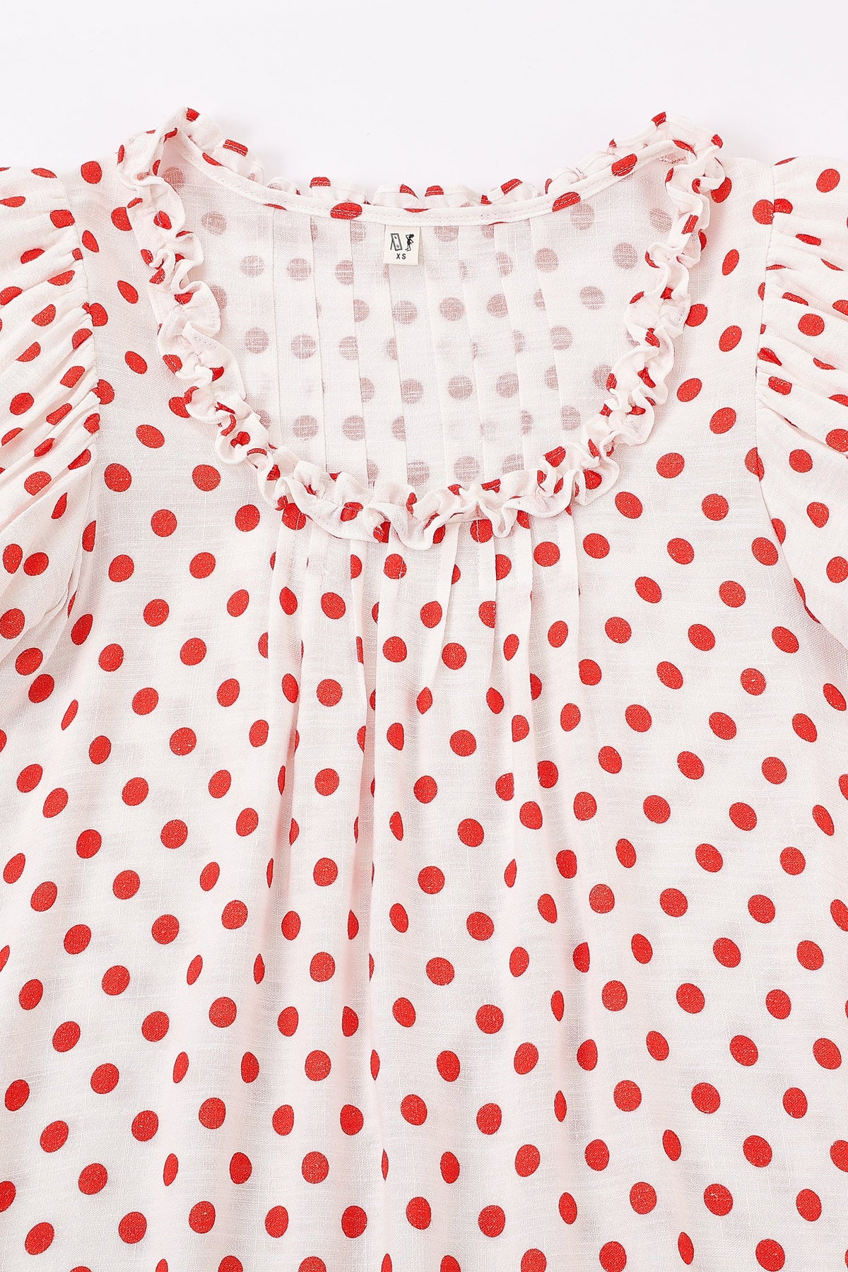 4 left - Soft Linen Babydoll Mini Dress Red Polka Dot