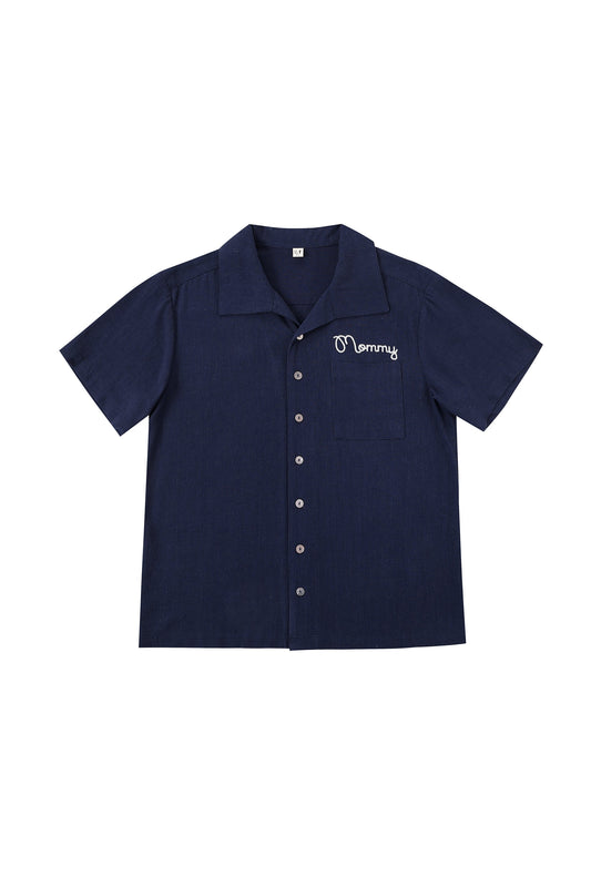 Unisex Mommy Bowling Shirt Navy Linen