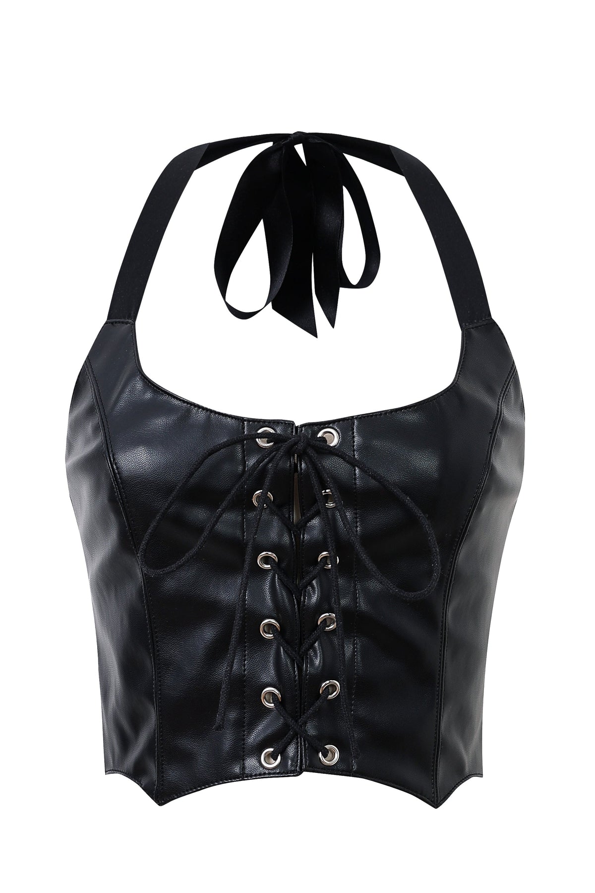 1 left - Lace Up Halter Top Plant Leather Black