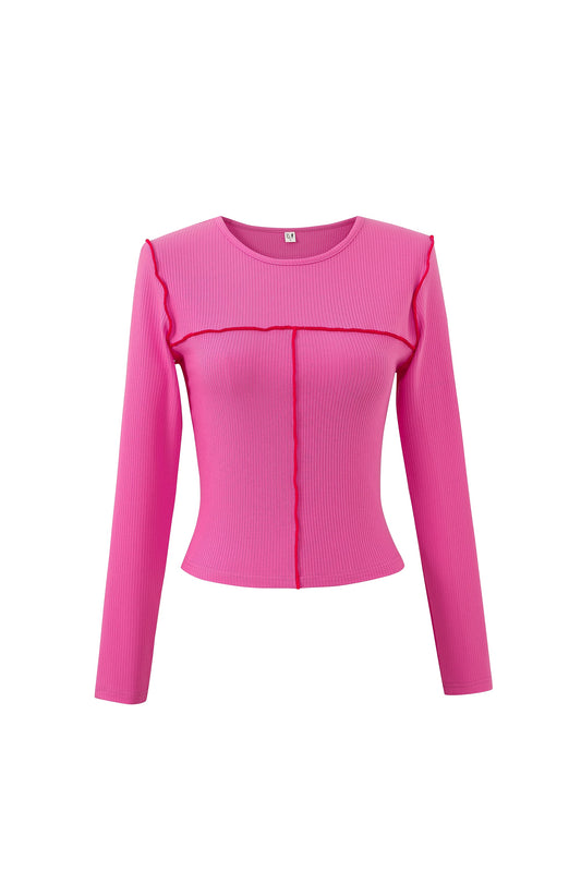 1 left - Seamed Long Sleeve Top Tencel Rib Pink/Red