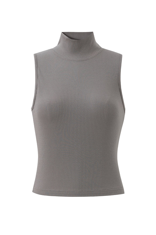Mock Neck Tencel Rib Tank Gray