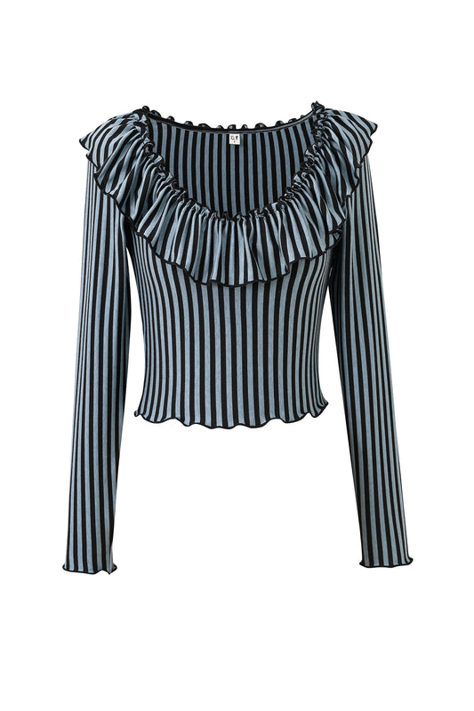 Ruffled Scoop Neck Long Sleeve Top Blue Stripe