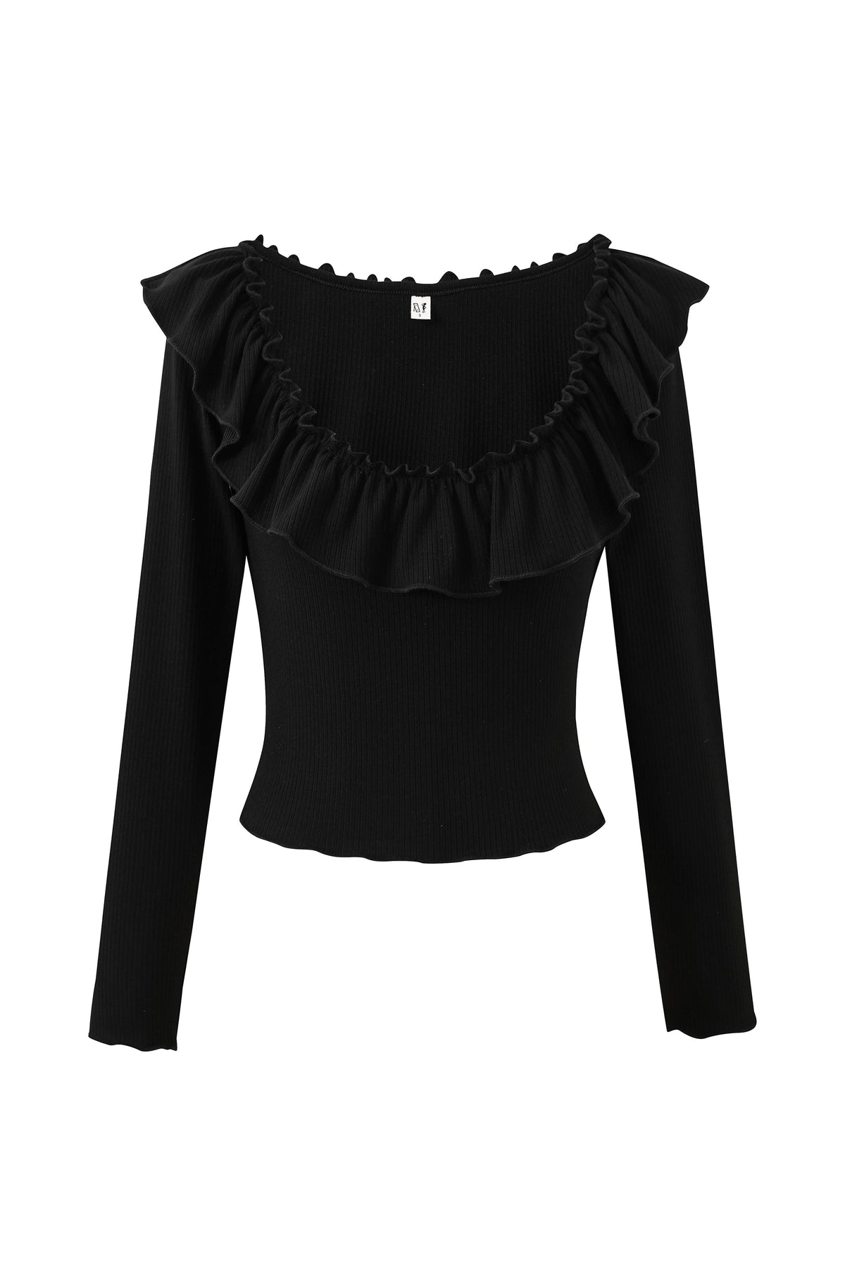 Ruffled Scoop Neck Tencel Rib Long Sleeve Top Black