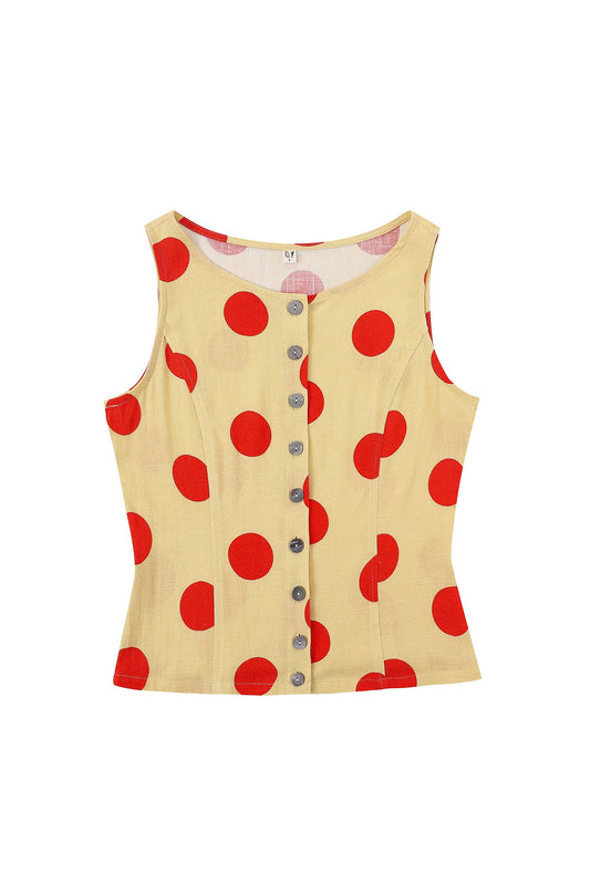 3 left - Soft Linen Button Down Tank Top Red/Yellow Polka Dot
