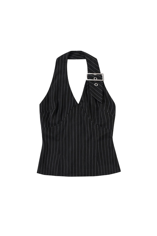 Buckle Halter Top Tencel Stripe Black