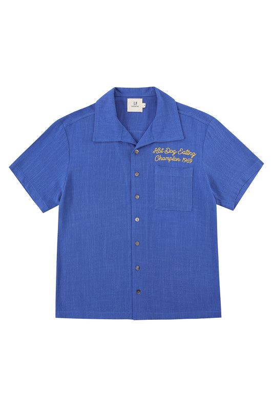 Unisex Hot Dog Eating Champion Soft Linen Bowling Shirt