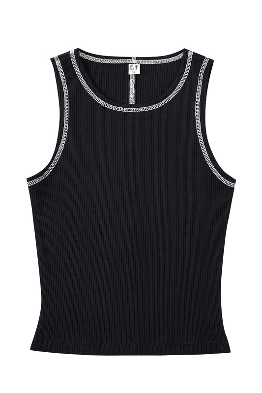 High Neck Contrast Seam Tencel Rịb Tank Black