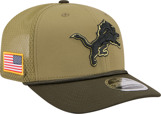 Men's Detroit Lions New Era Green 2025 Salute To Service Sideline 9SEVENTY Trucker Adjustable Hat