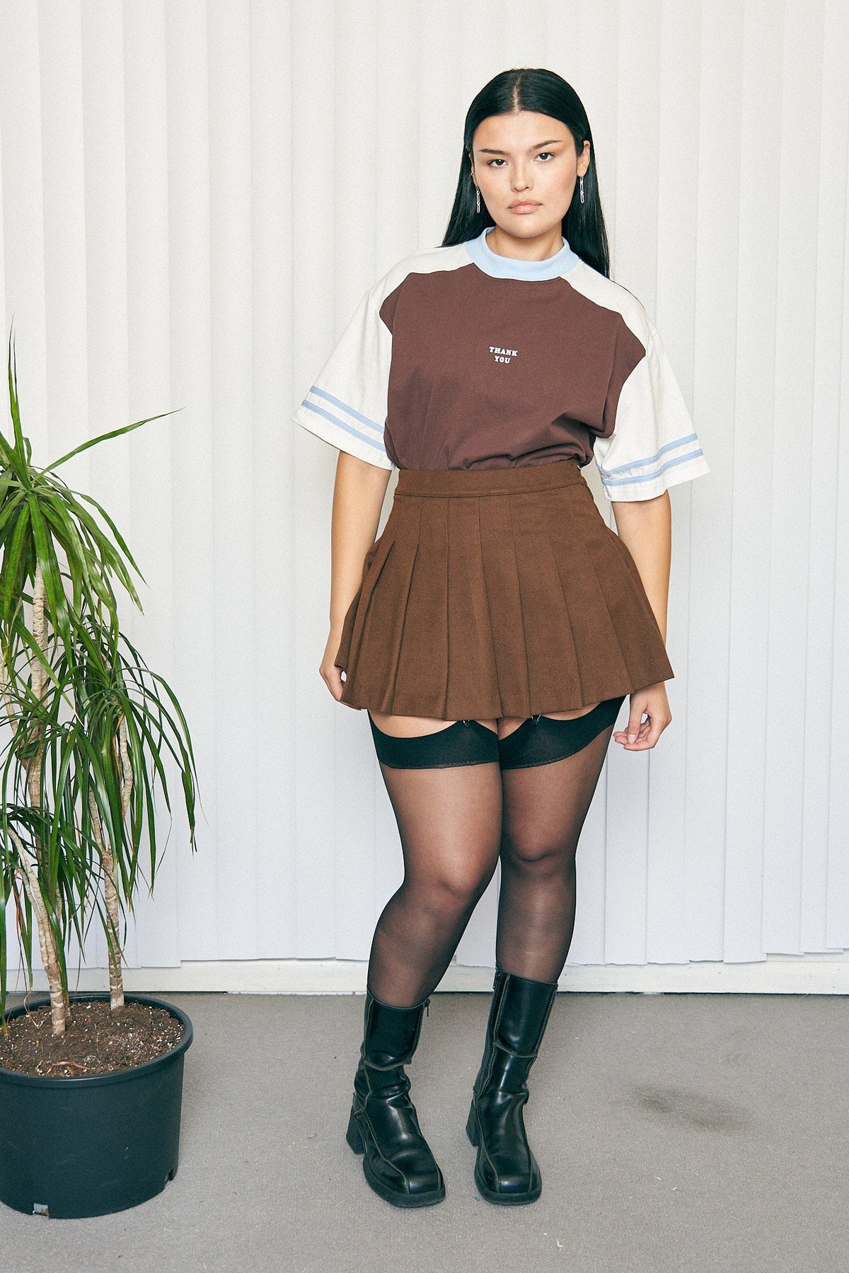 Brown Pleated Micro Mini Skirt