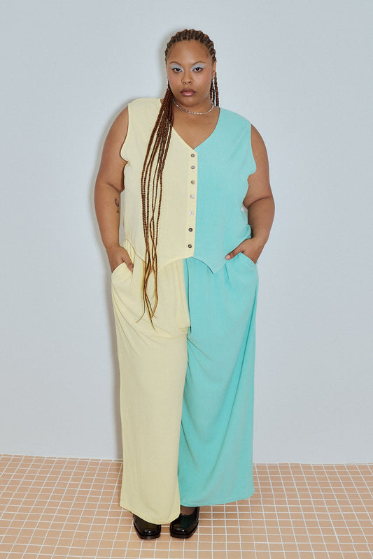 Vest & Pants Soft Linen Lazy Pants Set Yellow/Mint