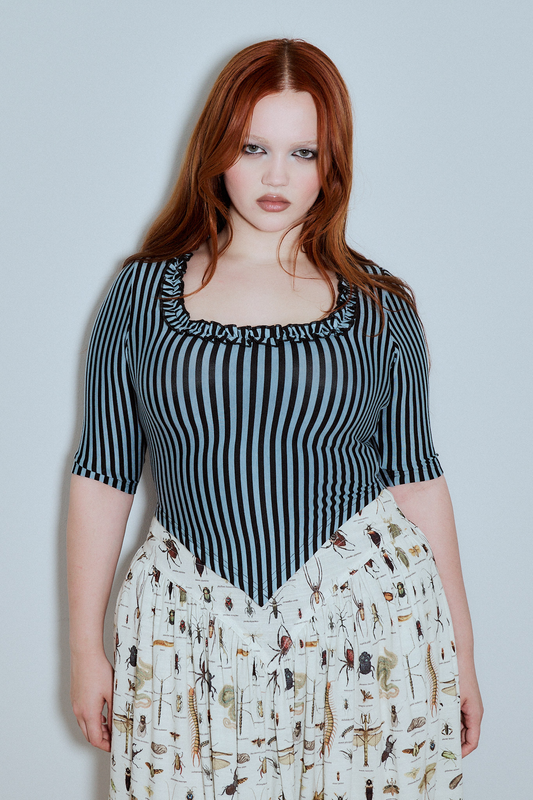 Ruffled Scoop Neck Crop V Top Blue Stripe