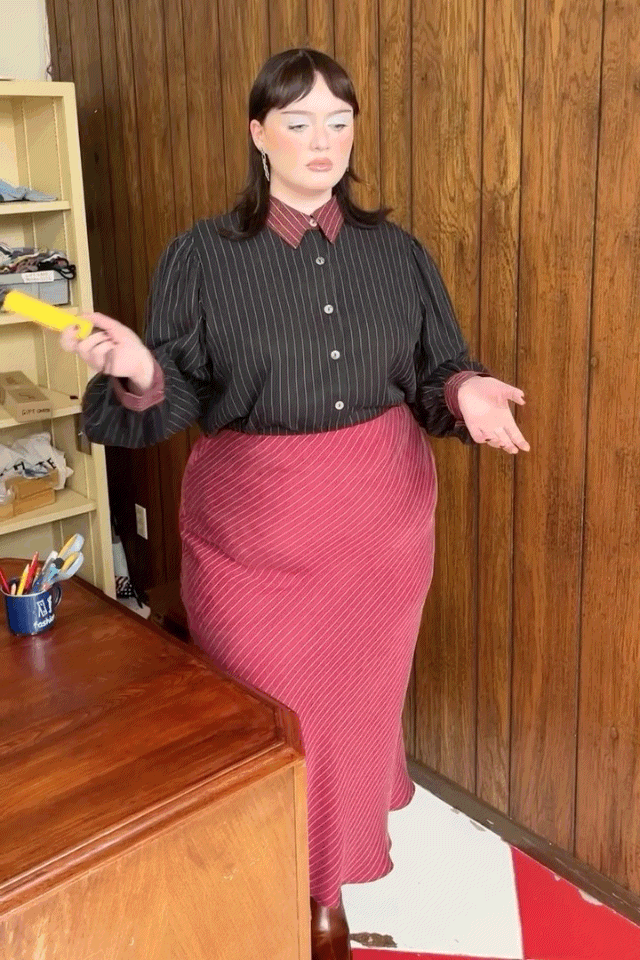 Office Bias Cut Skirt Tencel Stripe Maroon