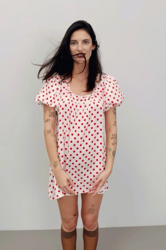 4 left - Soft Linen Babydoll Mini Dress Red Polka Dot
