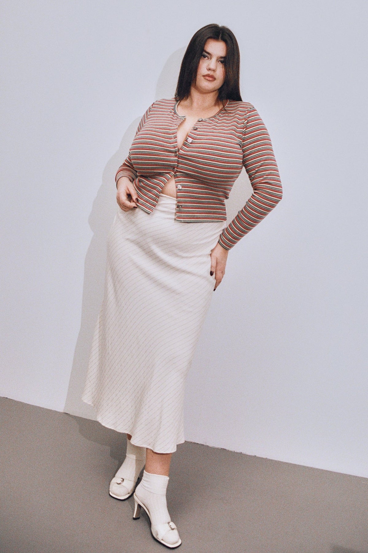 Baseball Bias Cut Skirt Tencel Stripe Cream