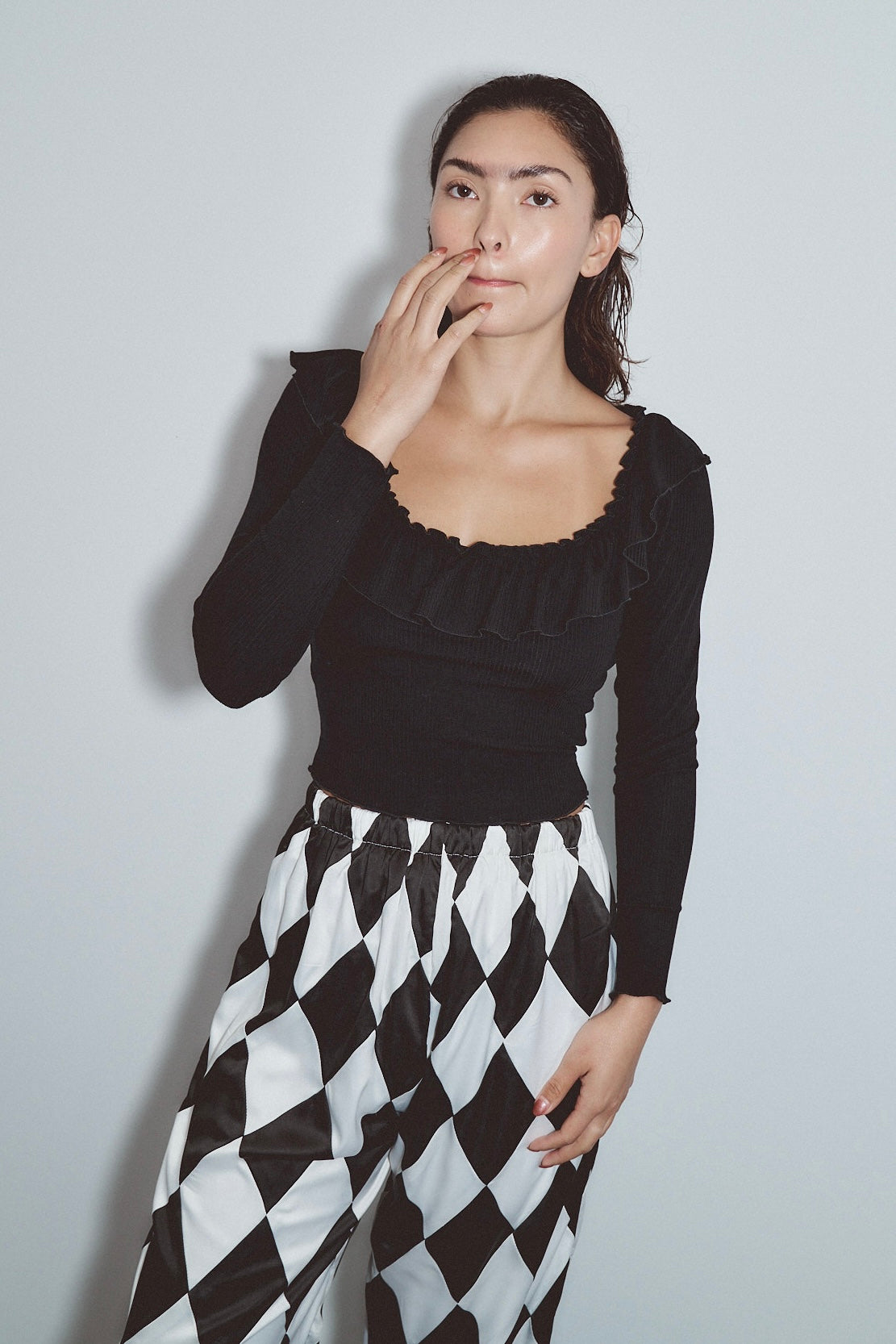 Ruffled Scoop Neck Tencel Rib Long Sleeve Top Black