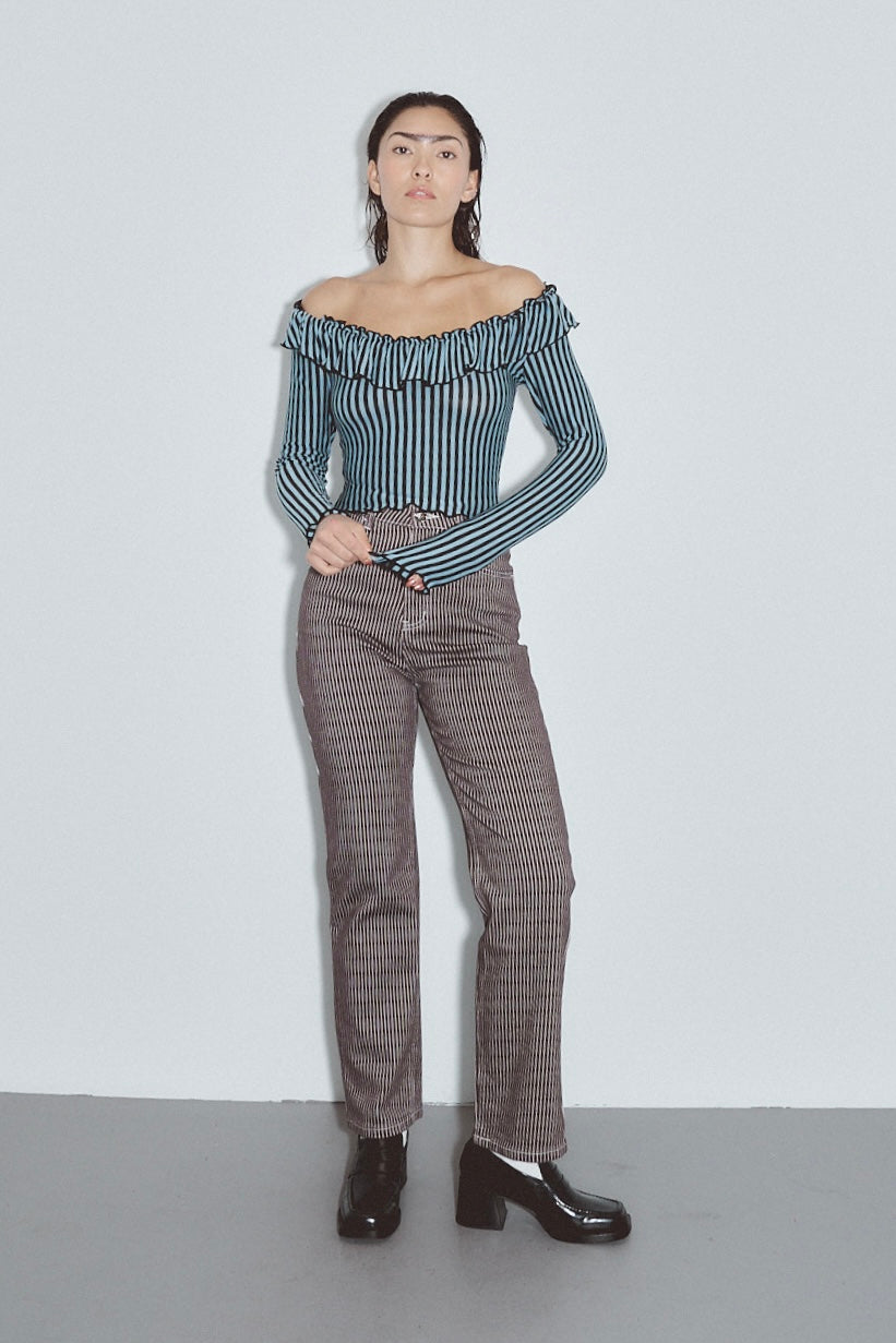 Brown Thin Striped Railroad Jeans