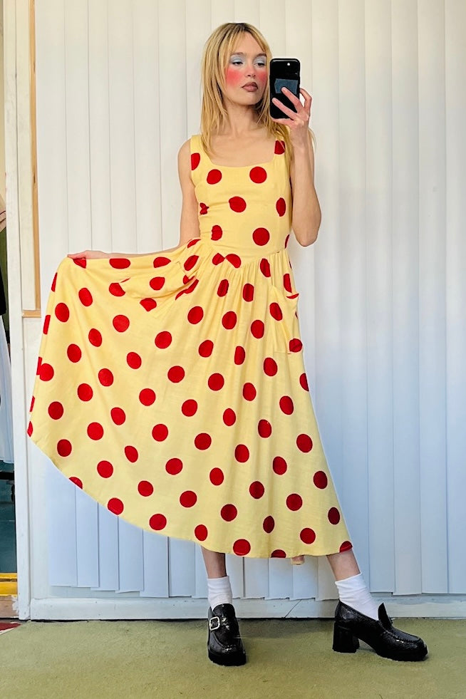 Tradwife Soft Linen Dress Red/Yellow Polka Dot