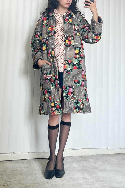 SAMPLE #205 - S Long Chessboard Quilted Coat - Vegetable / Camo