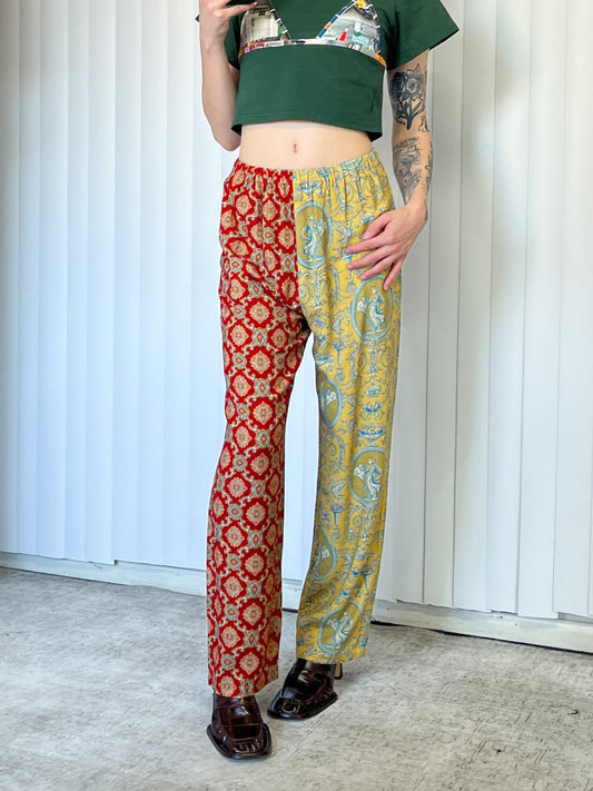 #8-9: Scrap Split Print Lazy Pants - Fancy Red Couch / Yellow Toile