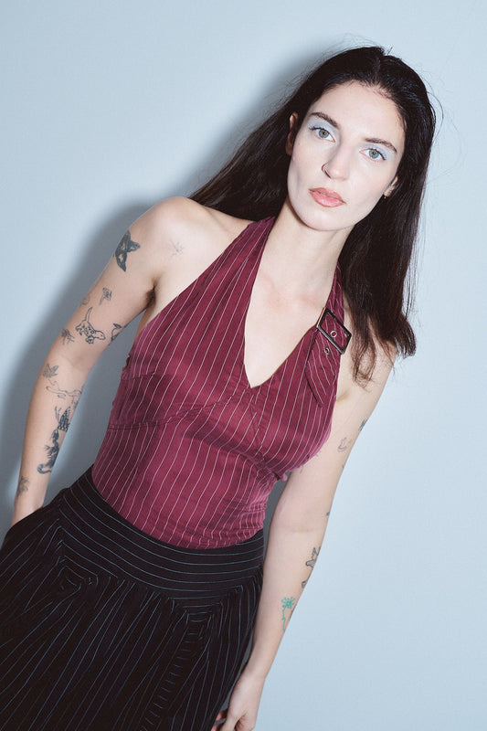 Buckle Halter Top Tencel Stripe Maroon