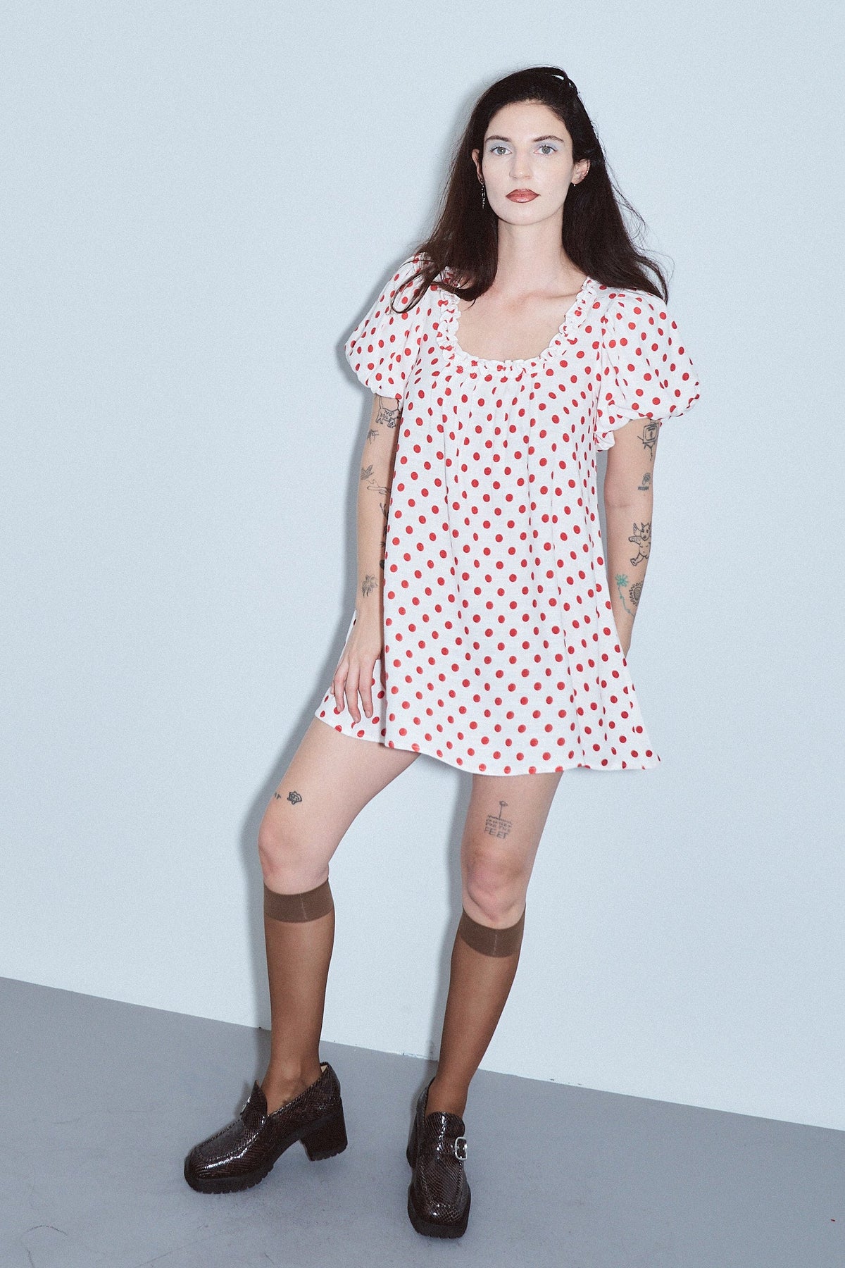 4 left - Soft Linen Babydoll Mini Dress Red Polka Dot