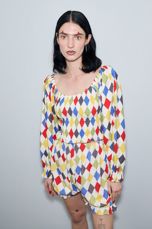 1 left - Harlequin Linen Long Sleeve Smocked Blouse