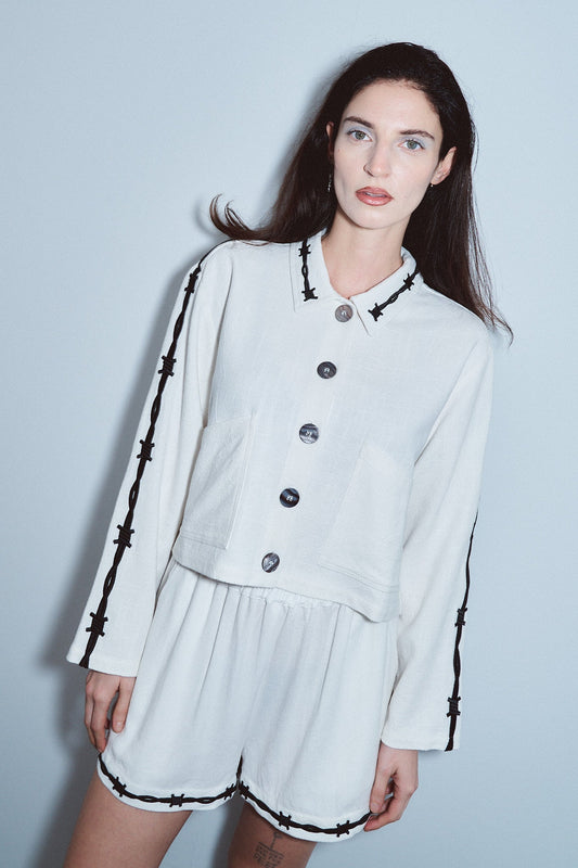 Pammy Crop Thick Linen Jacket White