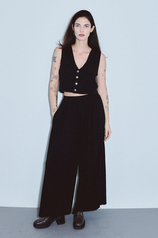 Soft Linen Vest and Wide leg Pants Set Black
