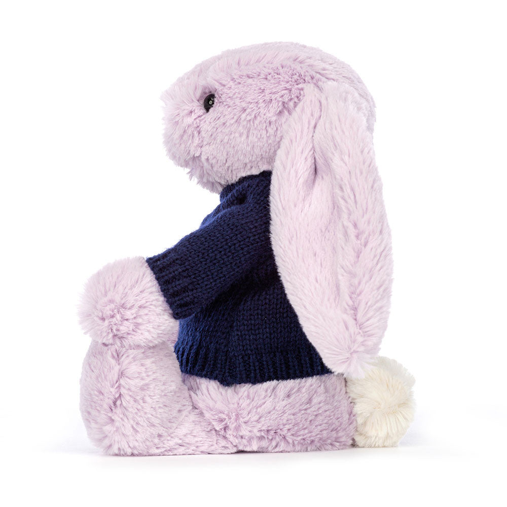 Bashful Lilac Bunny with Personalised Navy Jumper
