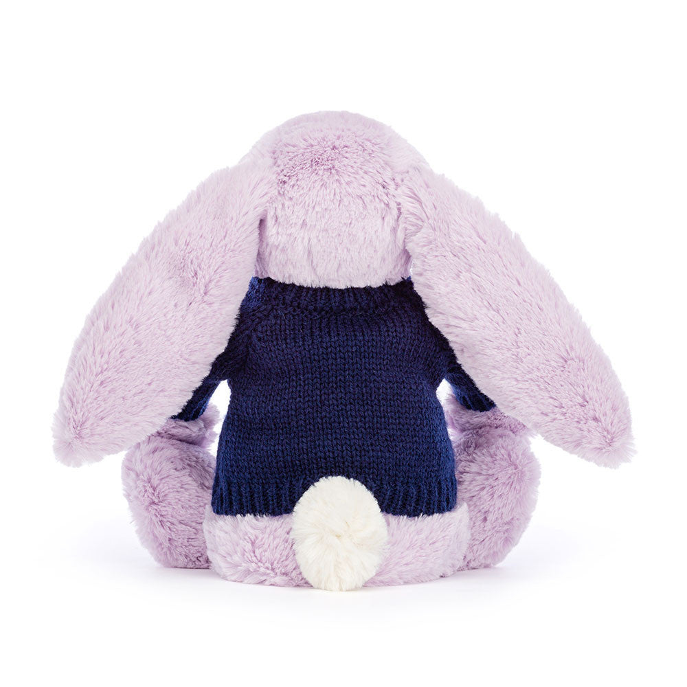 Bashful Lilac Bunny with Personalised Navy Jumper