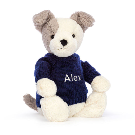 Bashful Terrier with Personalised Navy Jumper