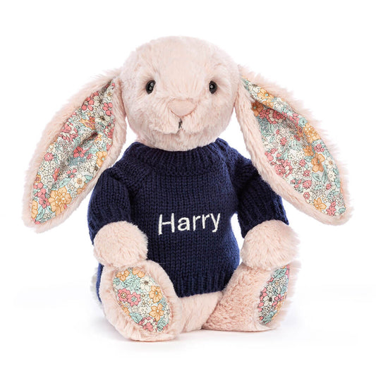 Blossom Blush Bunny with Personalised Navy Jumper