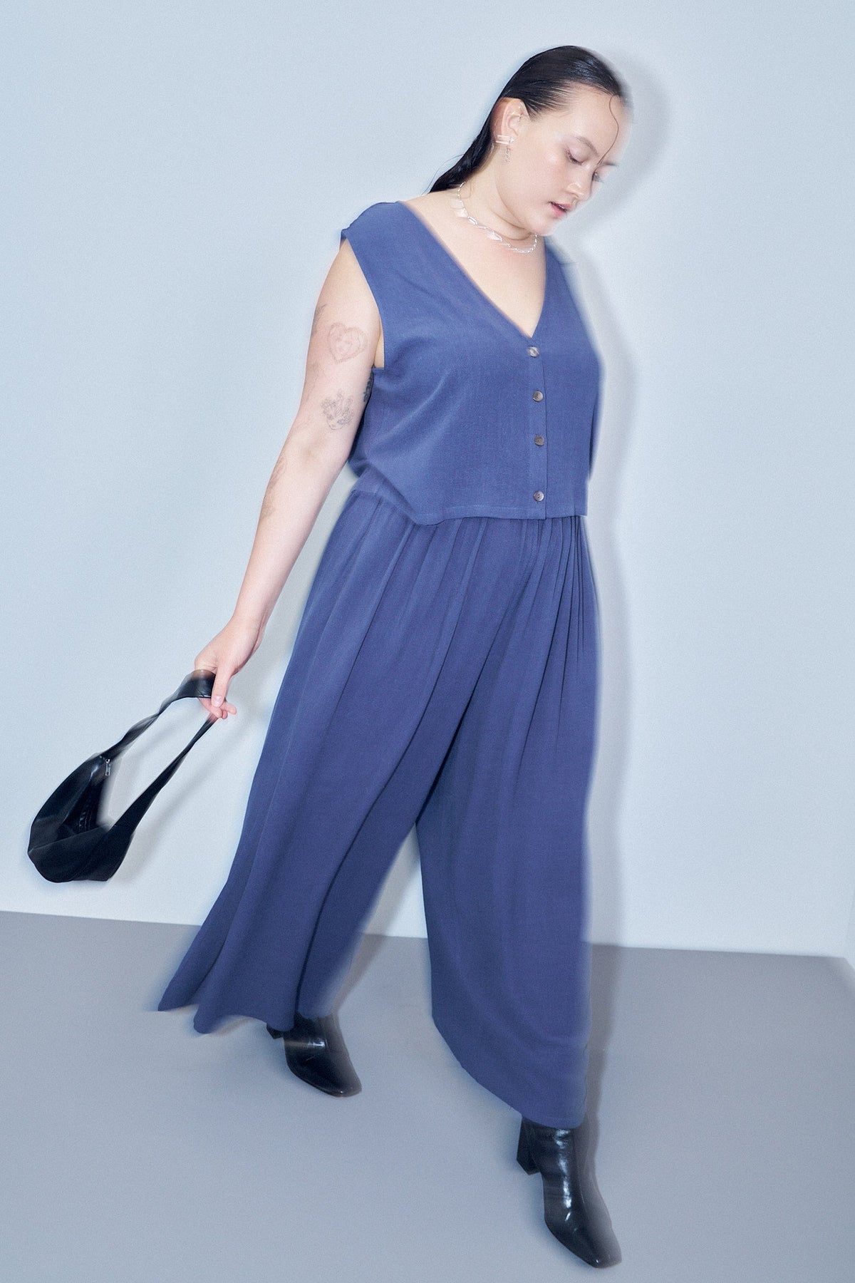 Soft Linen Vest and Wide Leg Pants Set Midnight