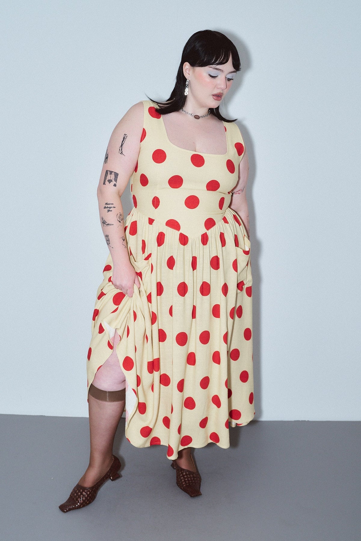 Tradwife Soft Linen Dress Red/Yellow Polka Dot