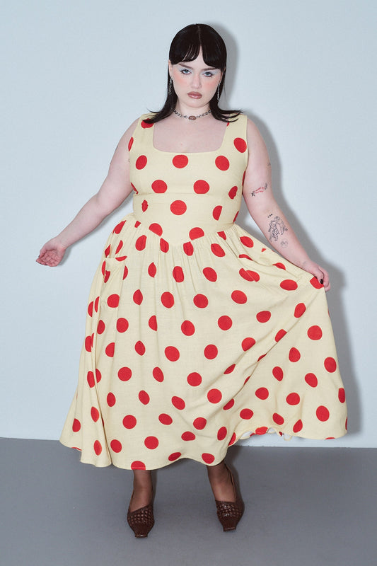 Tradwife Soft Linen Dress Red/Yellow Polka Dot