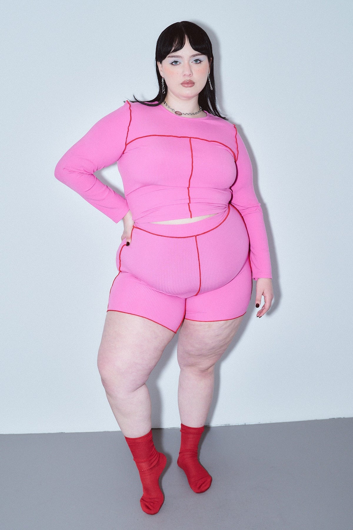 1 left - Seamed Long Sleeve Top Tencel Rib Pink/Red