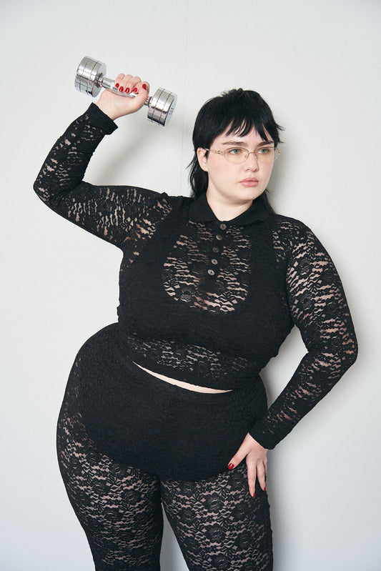 1 left - Black Rose Lace Long Sleeve Polo