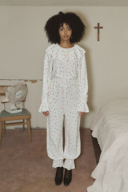 Unisex Clown Collar Soft Linen Jumpsuit Funfetti Dot