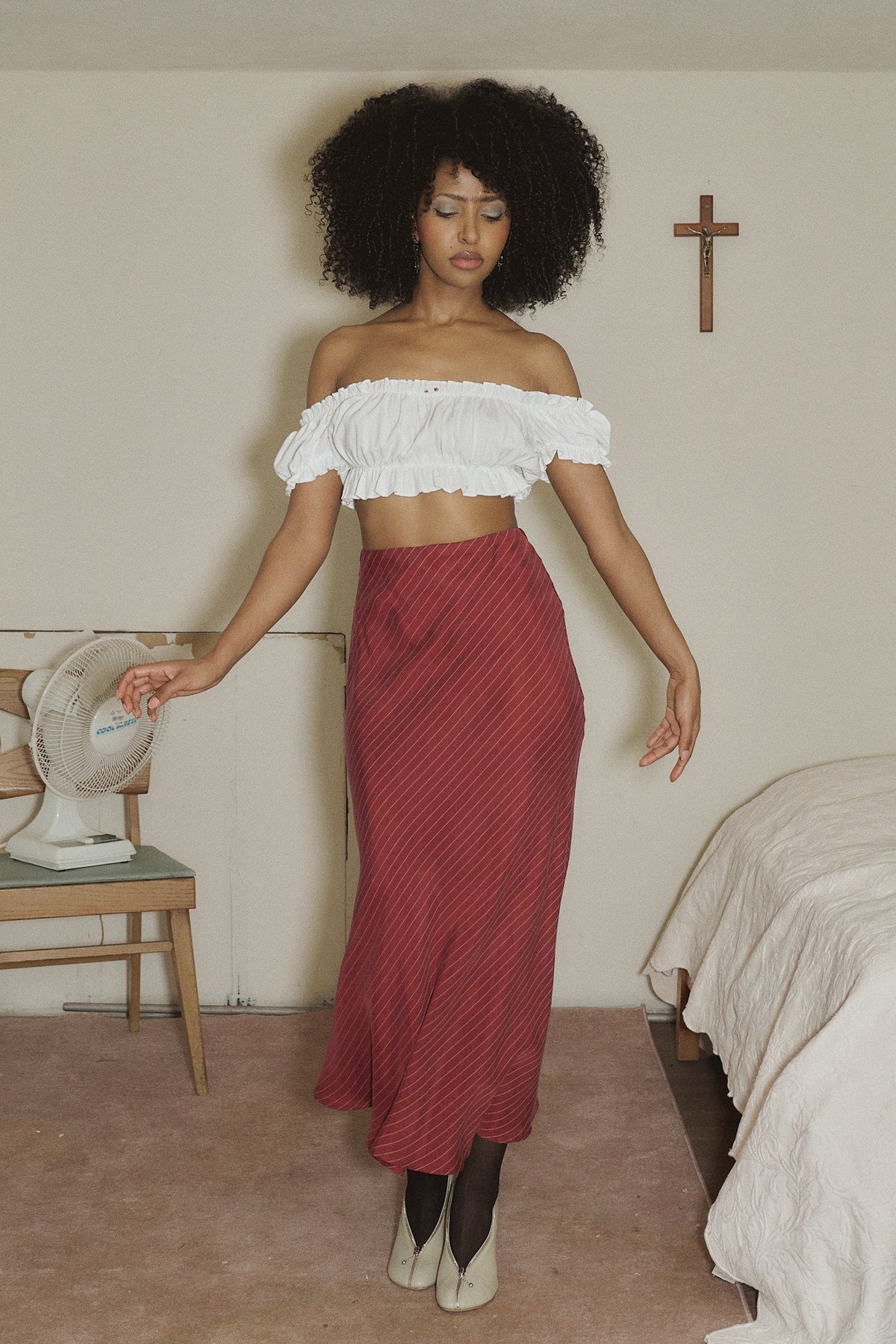 Office Bias Cut Skirt Tencel Stripe Maroon