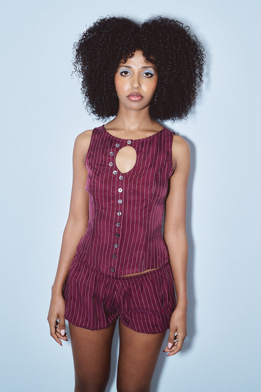 Unbuttoned Tank Maroon Stripe Tencel