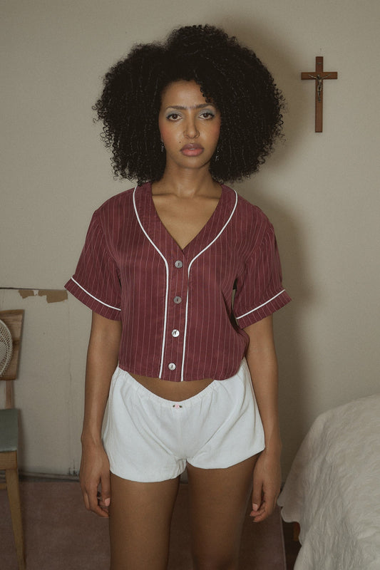 Baseball Crop Top Tencel Stripe Maroon