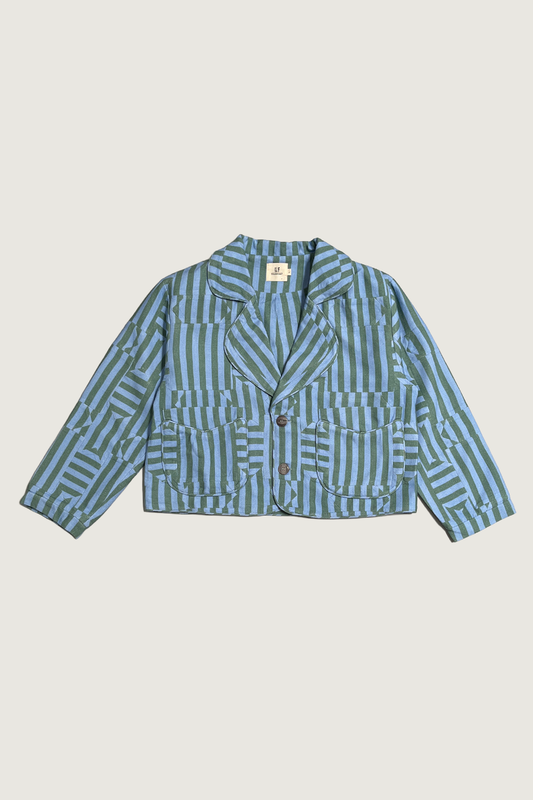 #6: Unisex Scrap Sawtooth Star Quilted Soft Linen Crop Coat Stripe - Blue / Green