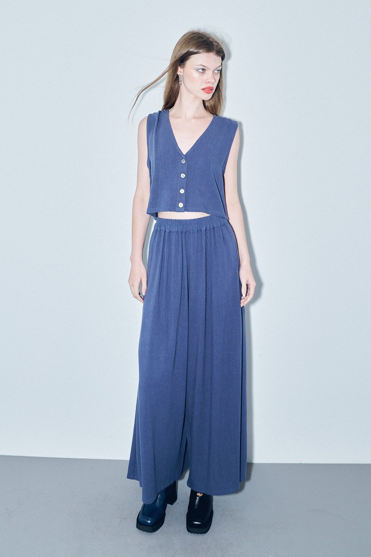 Soft Linen Vest and Wide Leg Pants Set Midnight