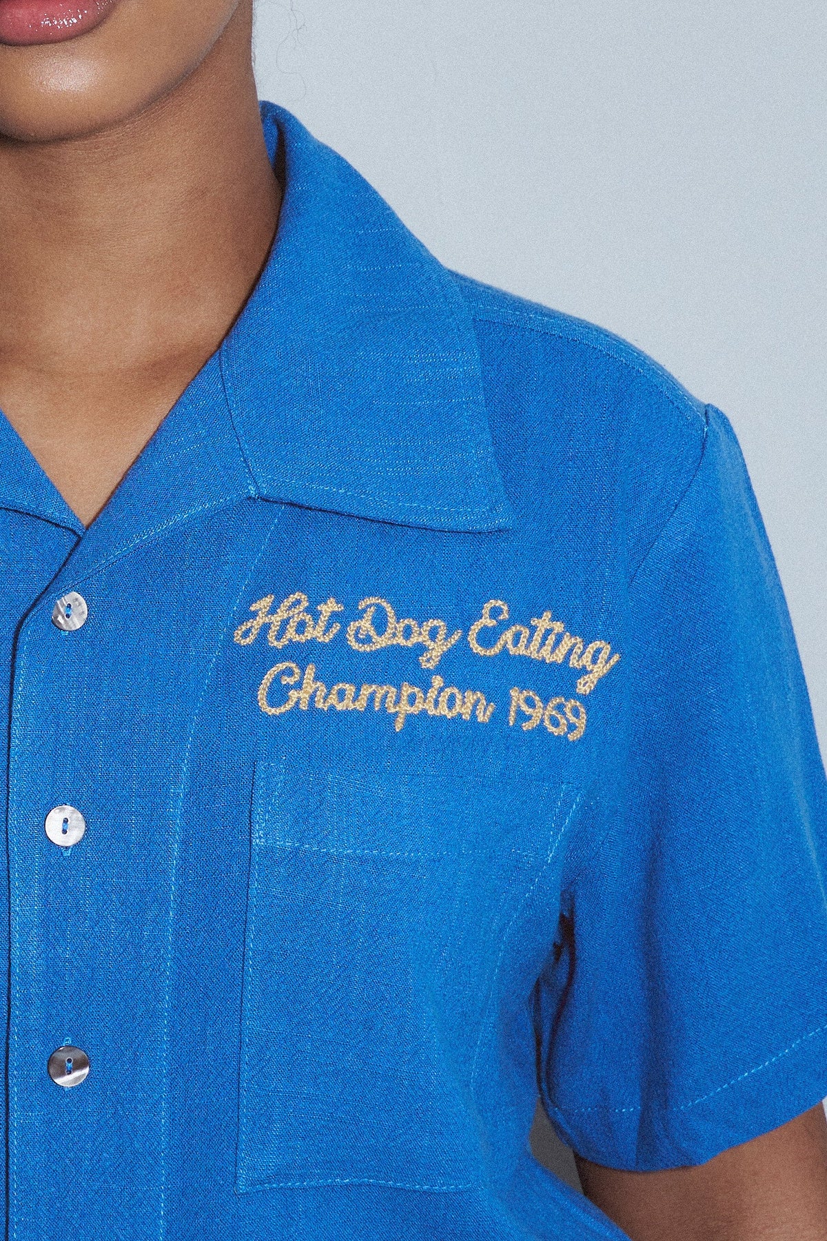 Unisex Hot Dog Eating Champion Soft Linen Bowling Shirt