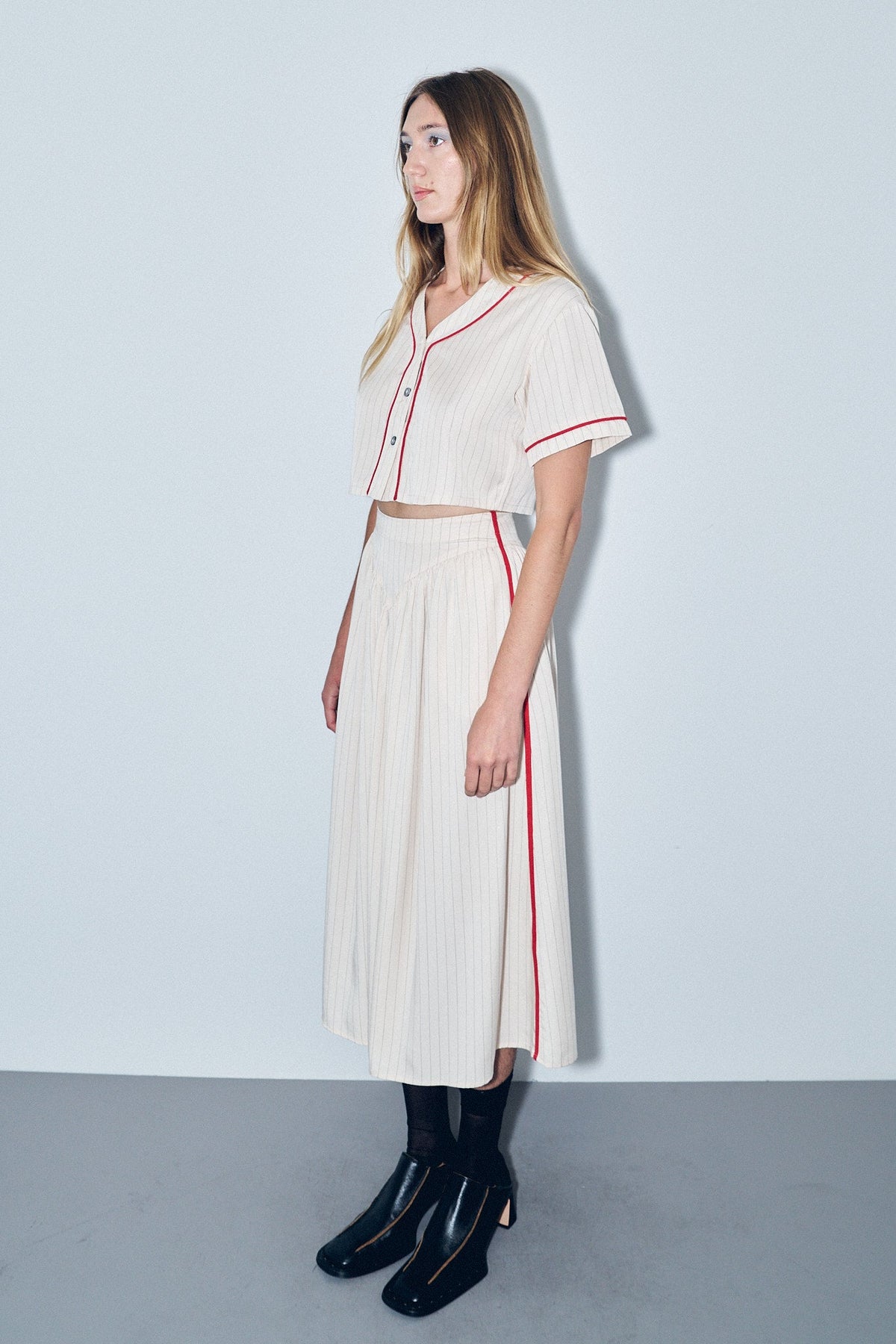 Baseball Park Skirt Tencel Stripe Cream
